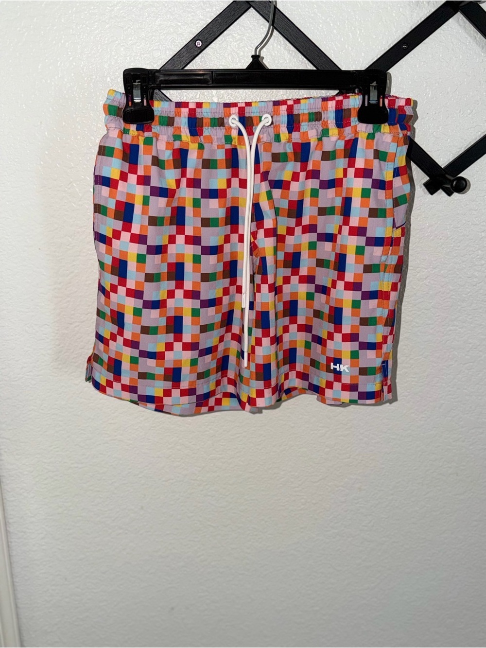 Humankind Pixel Check Swim Trunks Multicolor Drawstring Shorts Size S - Picture 2 of 4